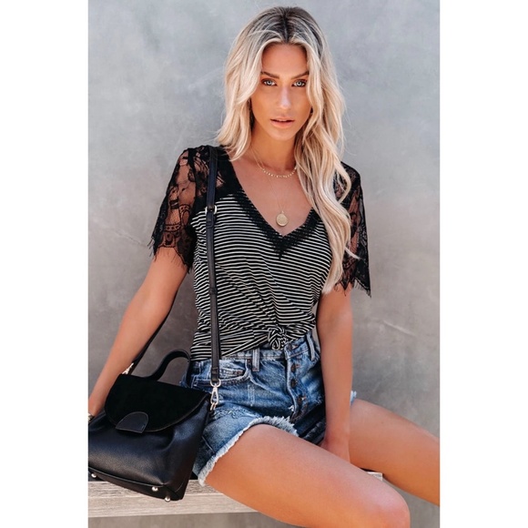 POL Black with White Stripes V Neck Lace Sleeve Rayon Jersey Tee - Picture 6 of 11